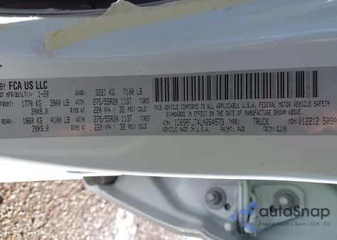 2020 Ram 1500 Laramie 4X4 5'7 Box z USA, uszkodzony, nr VIN 1C6SRFJT4LN264573